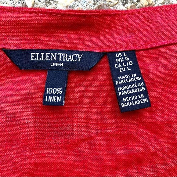 Like New Ellen Tracy Red Linen Gold Details Short Sleeve Blouse Size L - Picture 2 of 9